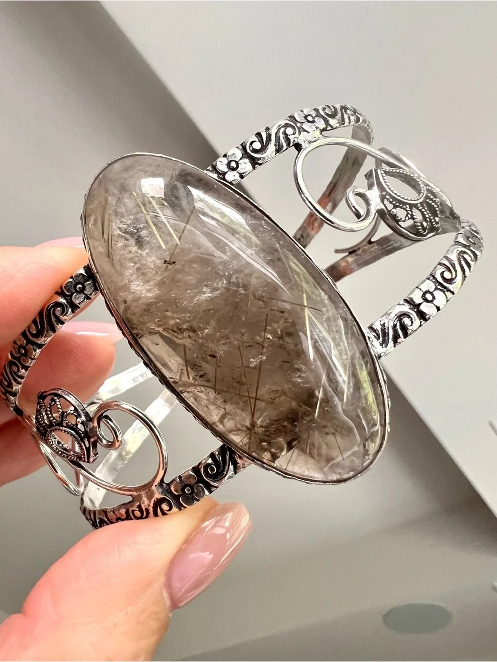 925 Divine Light! GOLDEN Rutile Rutilated SMOKY Quartz Cuff Bracelet